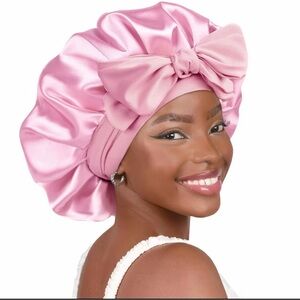 Pink Satin Hair Bonnet with Bow
